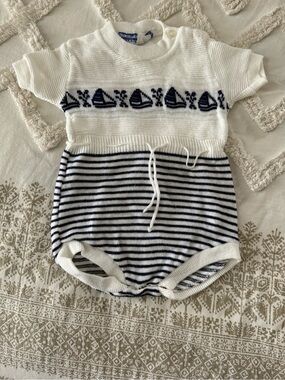 Cream Knit Infant Romper with Blue Nautical Accent Size Three Months